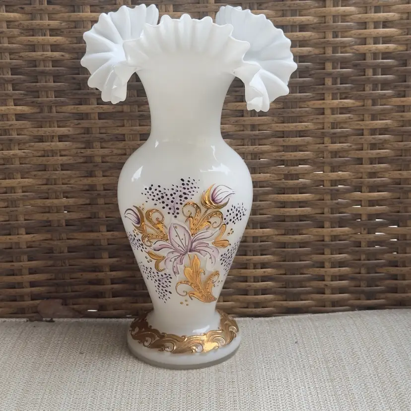 #1572 Vintage Bristol White Art Glass Vase Wavy Ruffled Rim Gold Tone Painted Wreath Around Flared Wide Base Purple White Enamel Painted Flowers Surrounded With Gold Paint Leaves