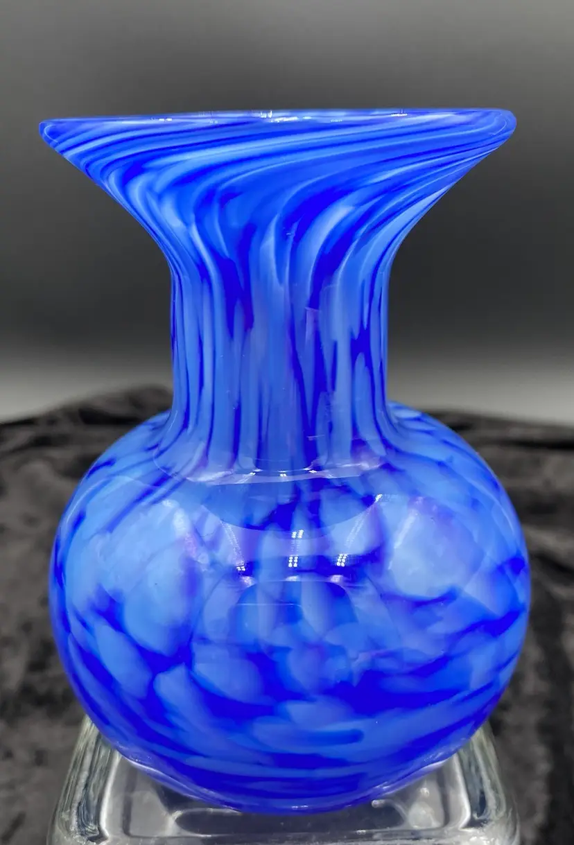 Crucible Glassworks, Art Glass Vase, Royal & Light Blue Swirls, Signed, MINT