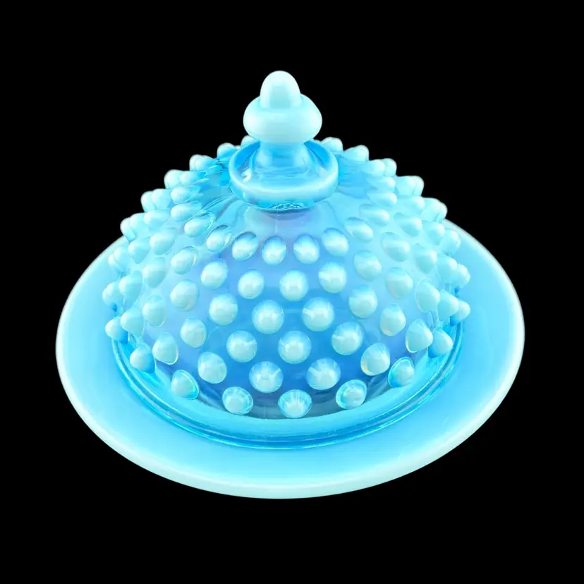 Vintage Fenton Blue Opalescent Hob Nail Round Butter Dish