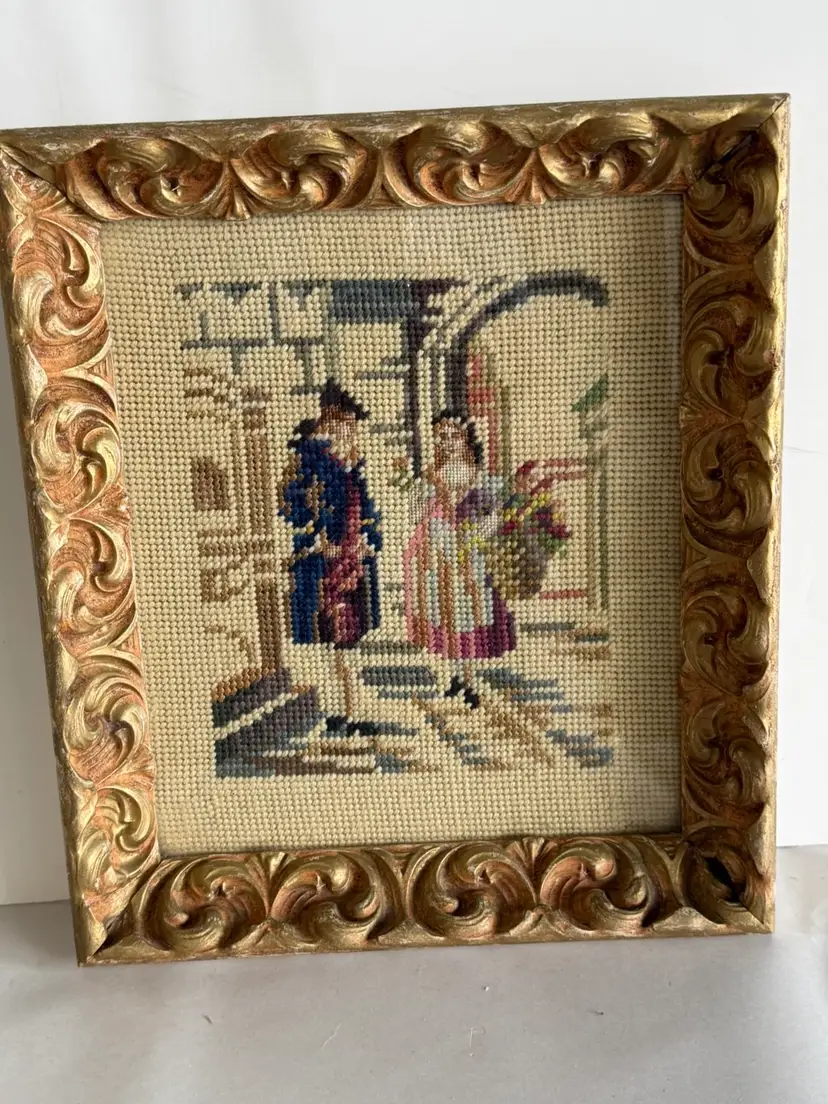 Vintage Ornate Framed Victorian Couple Needlepoint Artwork 11.75”