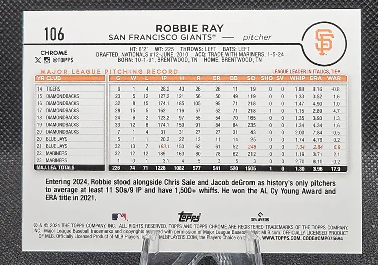 2024 Topps Chrome Robbie Ray Green Refractor /99 San Francisco Giants