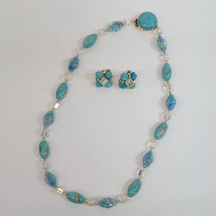 Vintage Lampwork Aqua Glass Aventurine Bead Necklace & Clip On Earring Set Japan