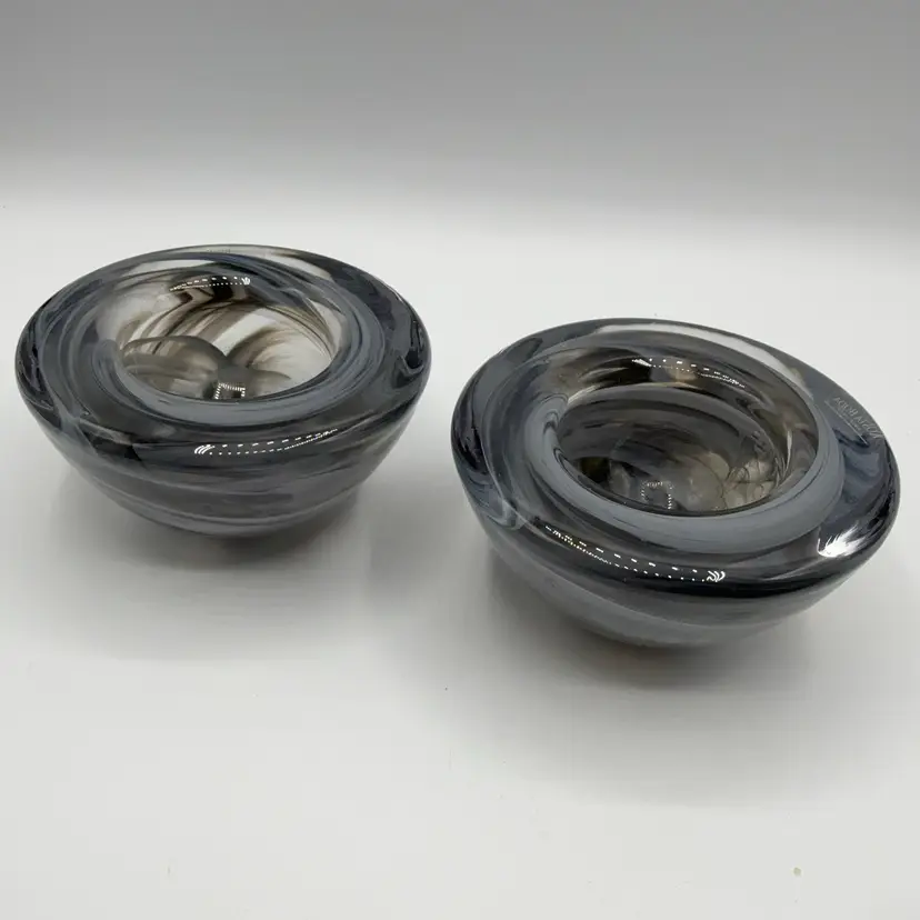 Kosta Boda Pair Of Heavy Grey Swirly Glass Candle Holders