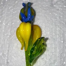 #06- Just In From Ukraine- Hand Blown Glass- Blue And Yellow 9" Long Stem Flower