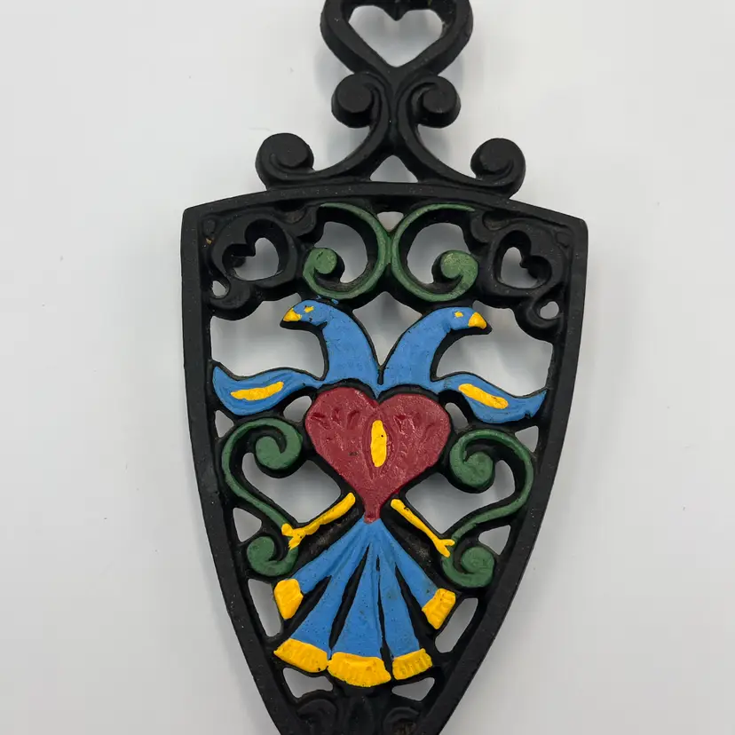 Vintage Cast Iron Painted Heart & Bird Footed Trivet