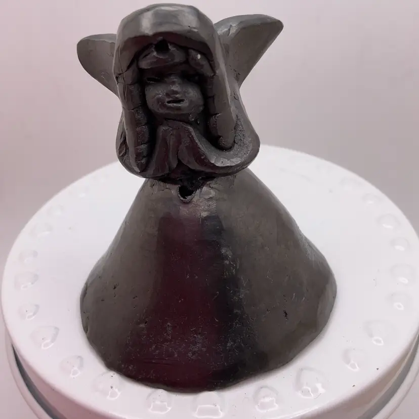 POW4 VTG Bell Black Pottery Angel 2.5" Artisan Folk Art