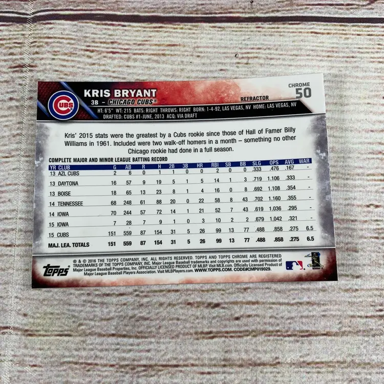 2016 Topps Chrome Refractor Image Variation KRIS BRYANT #50