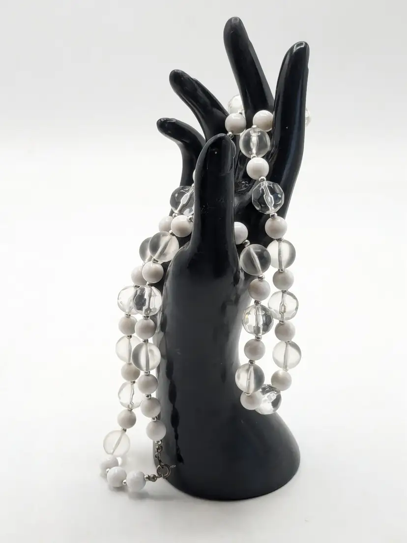 Vintage Silver Tone White and Clear Acrylic Bead Necklace