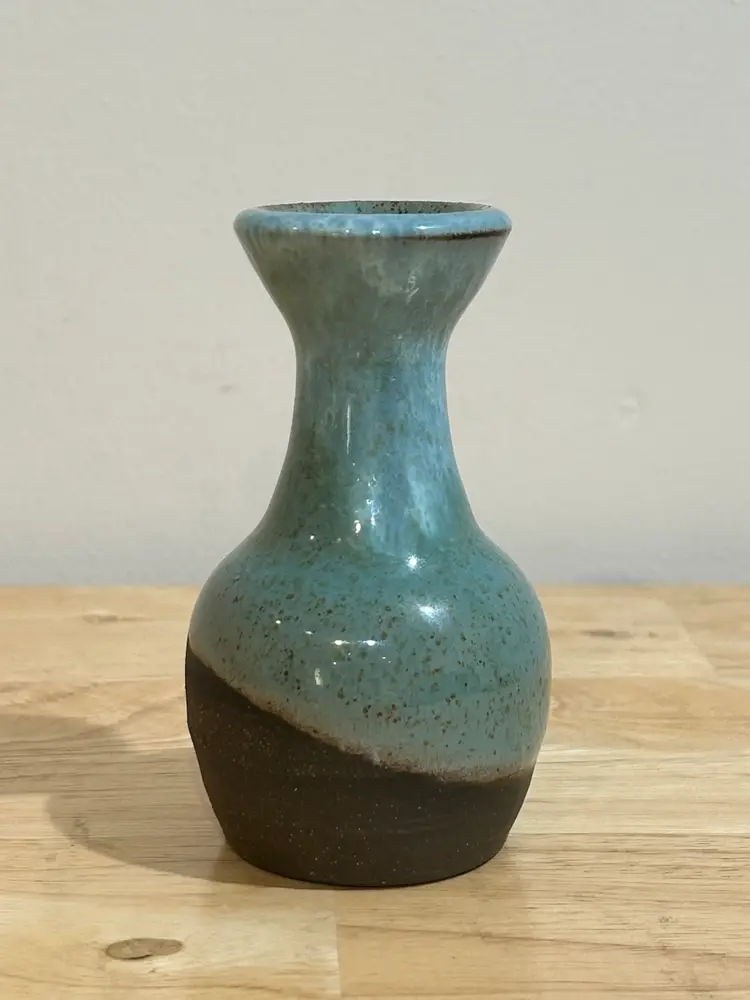 Turquoise Speckled Glaze Pottery Vase With Rustic Brown Unglazed Base 4.5”