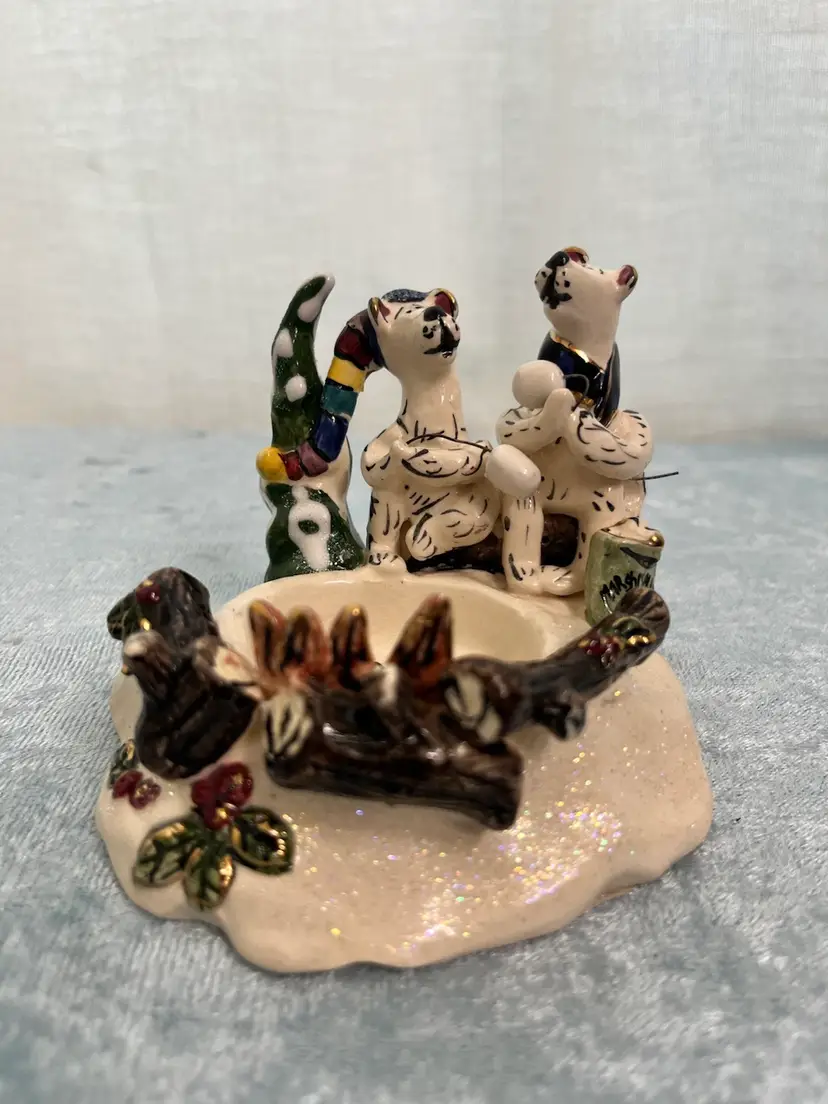 Blue Sky Clayworks Tea Lite Candle Holder featuring Polar Bears Roasting Marshmallows," designed by Heather Goldminc.