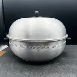 #223A Vintage West Bend Brushed Aluminum Serving Oven/Bun Warmer With Bakelite Handles. 3 Piece Set. Stove Top Steamer Or Bun Warmer