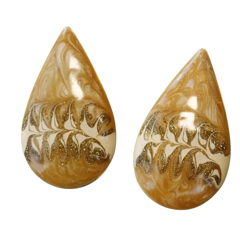 Orange Marble Swirl Teardrop Enamel Metal Post Earrings 2.125"