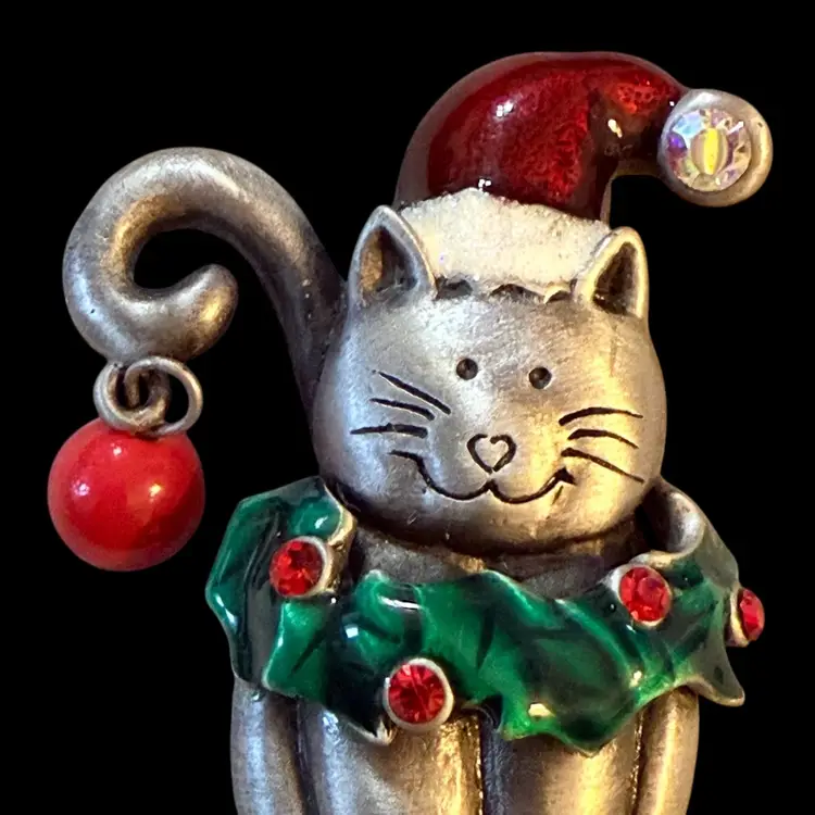 Brushed Silvertone Holiday Cat  Brooch 2.75”