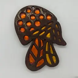 Vintage Cast Iron Mushroom Trivet Wall Decor Orange Yellow Foil