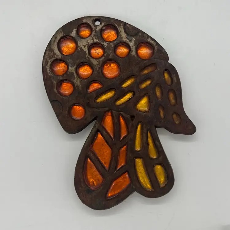 Vintage Cast Iron Mushroom Trivet Wall Decor Orange Yellow Foil