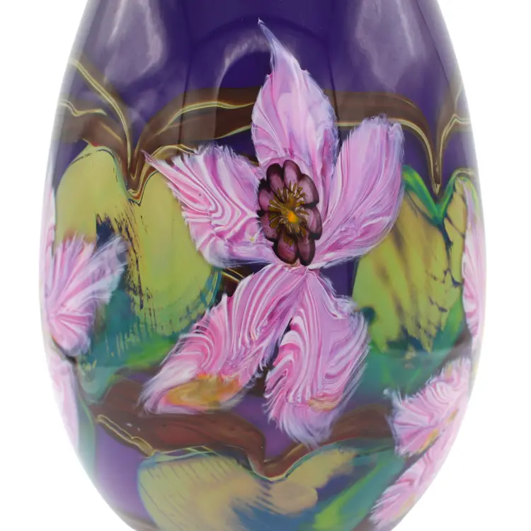 Fields Art Glass Vase Signed Hand Blown Studio Art Purple Pink Floral Botanical Design
