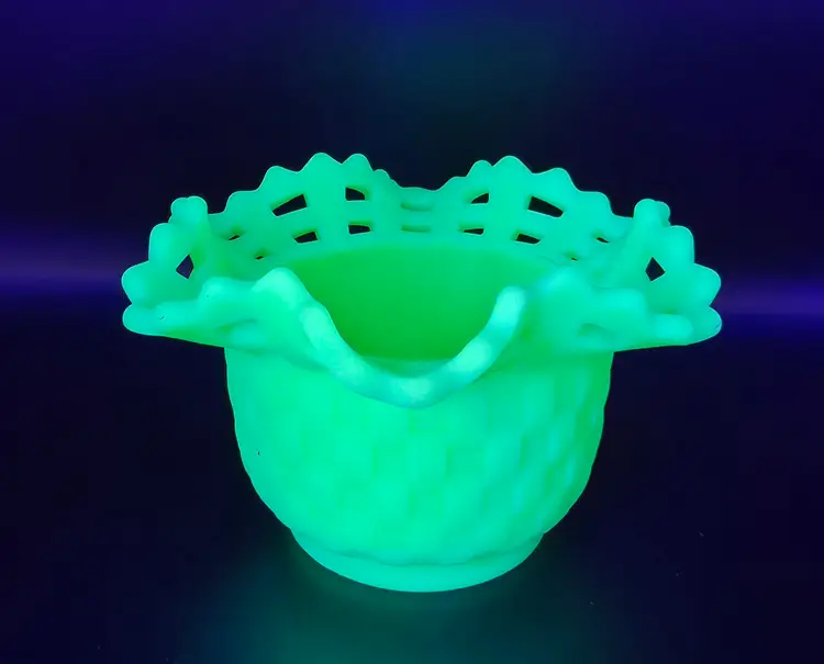 Fenton Lime Sherbert Basket Weave Bowl With a Ruffled Open Lattice Rim UV Glow