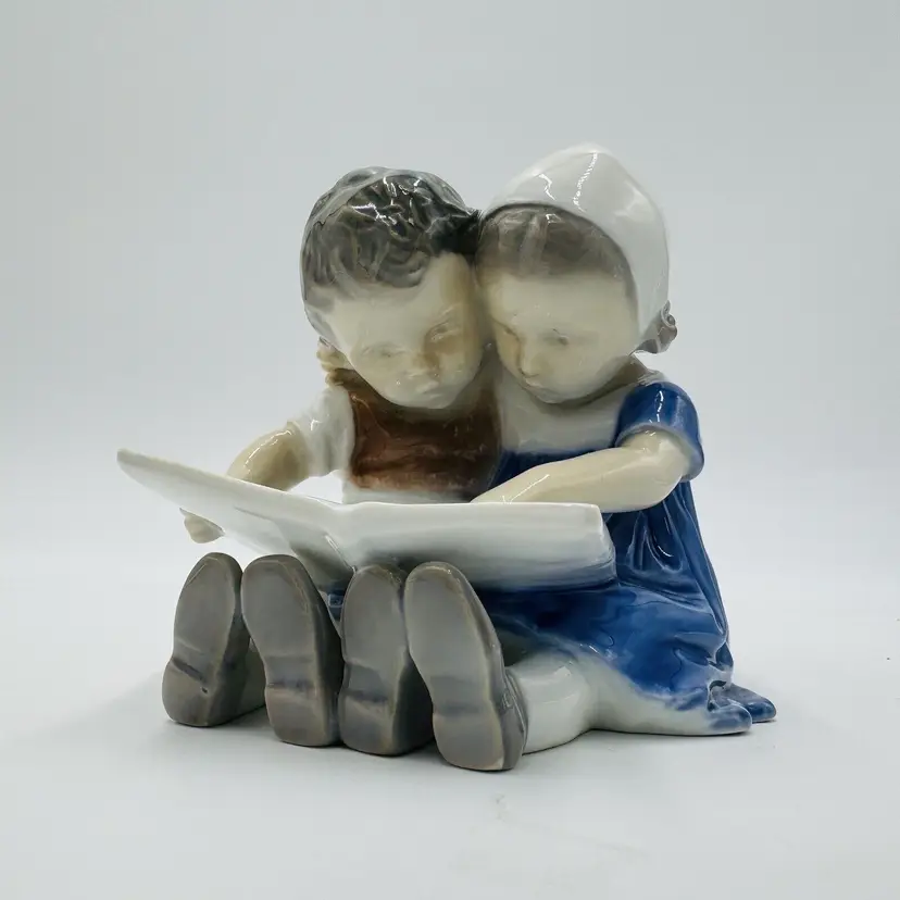 Bing and Grondahl Denmark 1567 Boy & Girl Reading Porcelain Figurine Vintage