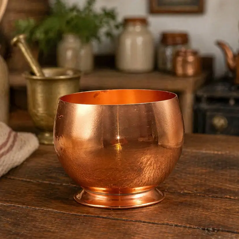 Vintage Copper Bowl Vase on Pedestal 6"x5" 1960s 1970s Cottage Country Decor