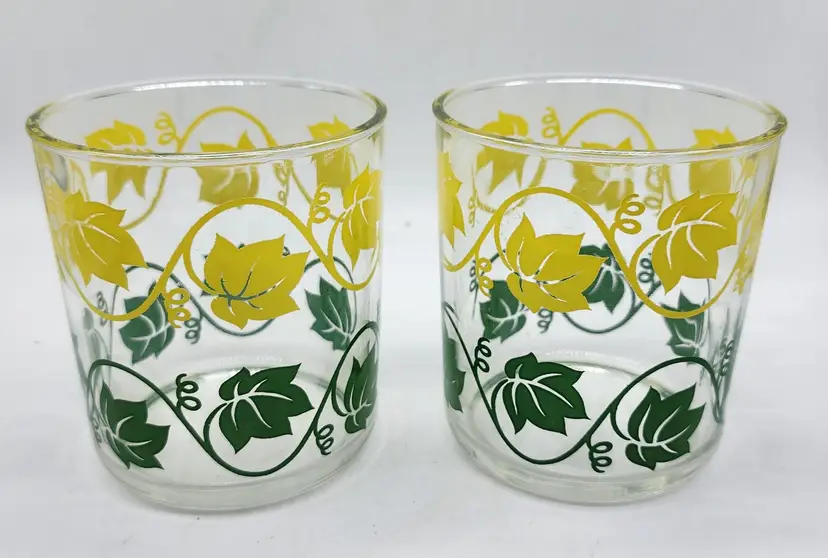 Vintage Hazel Atlas Green & Yellow Ivy Leaves 1/2 Pt Glass Sour Cream Jars (2)