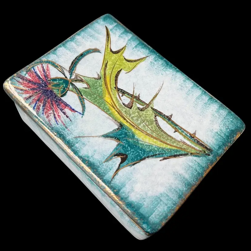 Italian Pottery Hand Painted Thistle Trinket Box With Gold Detailing, Made In Italy, Italian Ceramic Trinket Box