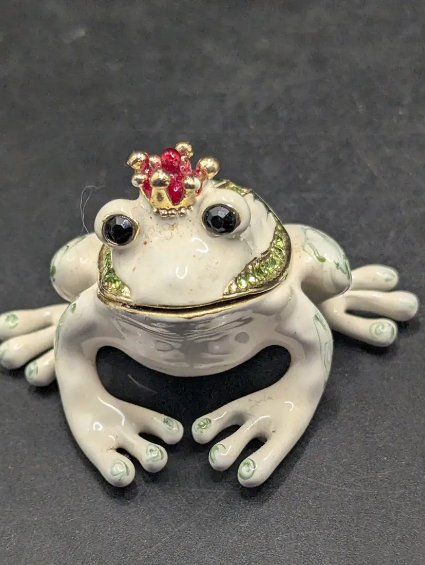 Enameled White Green Rhinestone Encrusted Prince Frog Hinged Metal Trinket Box.