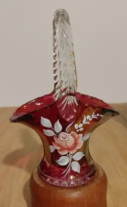 Westmoreland Ruby Floral glass basket. Signed 1976. 7 in high. No chips or cracks. Add to your Valentine's decor..