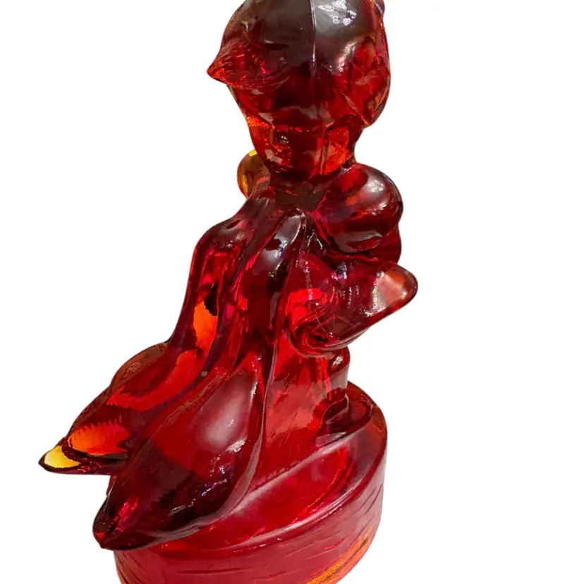 L E Smith Red Glass Girl with Geese Figurine -Vintage and Rare