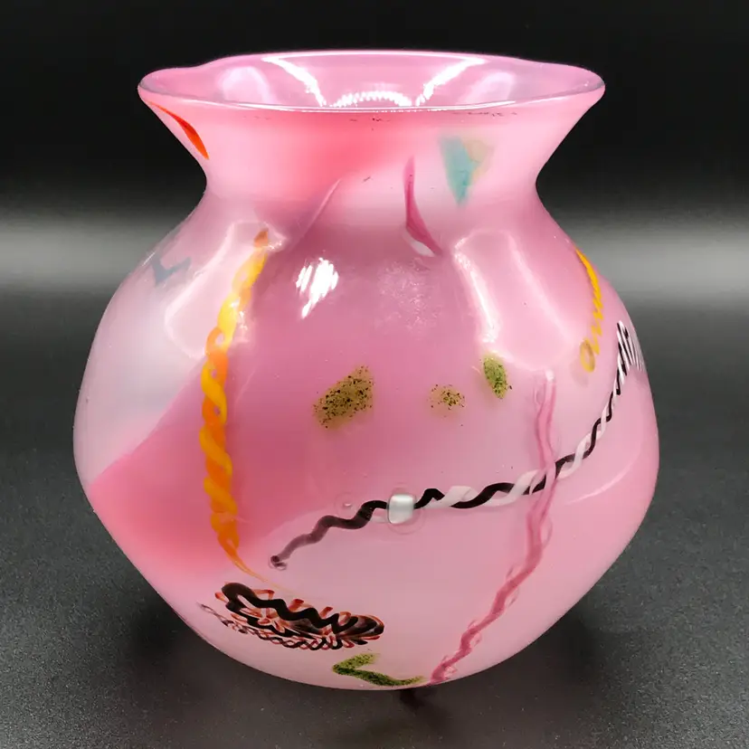 Vintage JM Miller Hand Blown Art Glass Pink Interweave Overylay Vase 1983 Signed