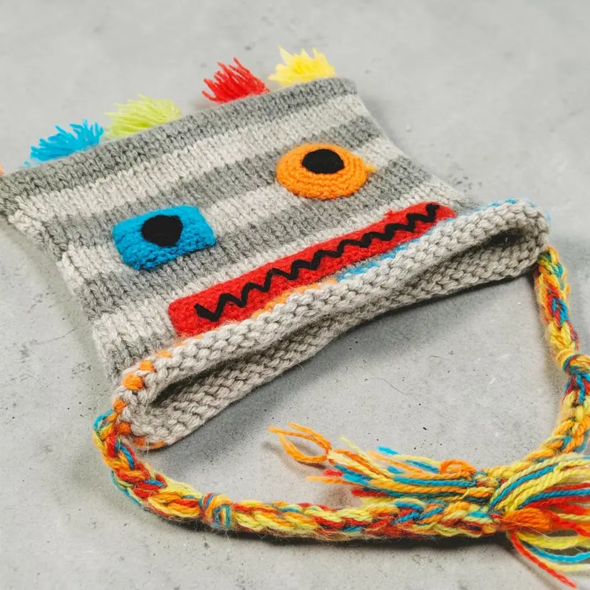 Andes Gifts Kids Colorful Knit Silly Face Winter Tassles Hat Alpaca Blend