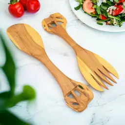 Vintage Hand Carved Wood Elephant Salad Serving Utensil Set Spoon & Fork Tongs