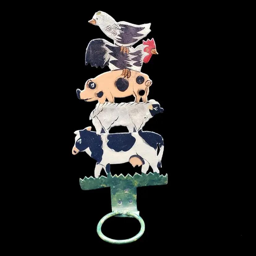 Folk Art Haitian Farm Animals Stacked Metal cutout 9 1/4" tall Handpainted