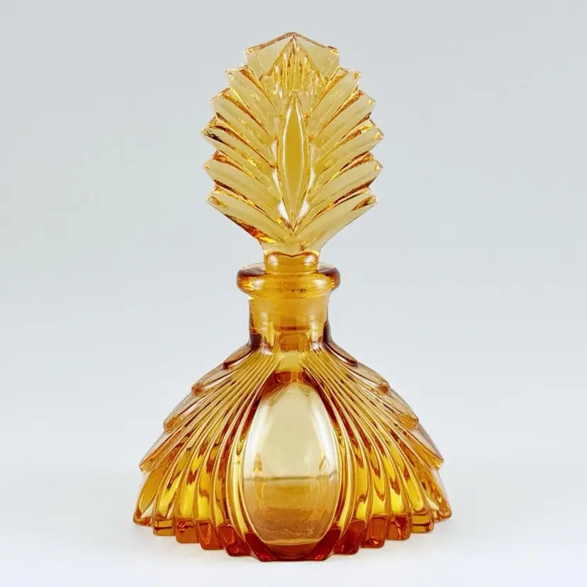 New Martinsville Viking Art Deco Amber Glass Perfume Bottle Fan Finial Vtg 1930s