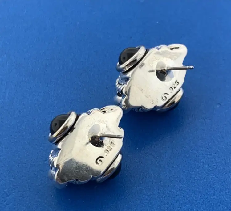 Sterling Silver 925 Black Onyx Rope Braid Cable Half Stud Earrings