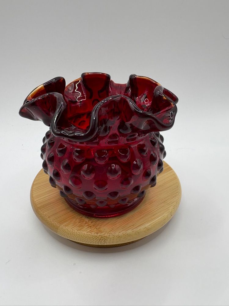 Fenton Red Hobnail Ruffled Edge Bowl