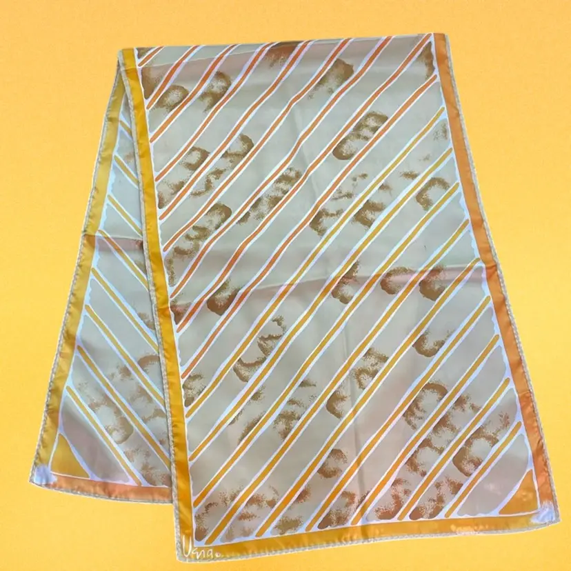 Vintage 1980s Vera Neumann Mustard Yellow & Tan Striped Scarf, Polyester Oblong, 43"x14"