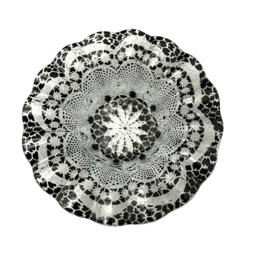 BIN - Vintage Fused Glass Ruffle Edge Lace Dish Black 6.75”