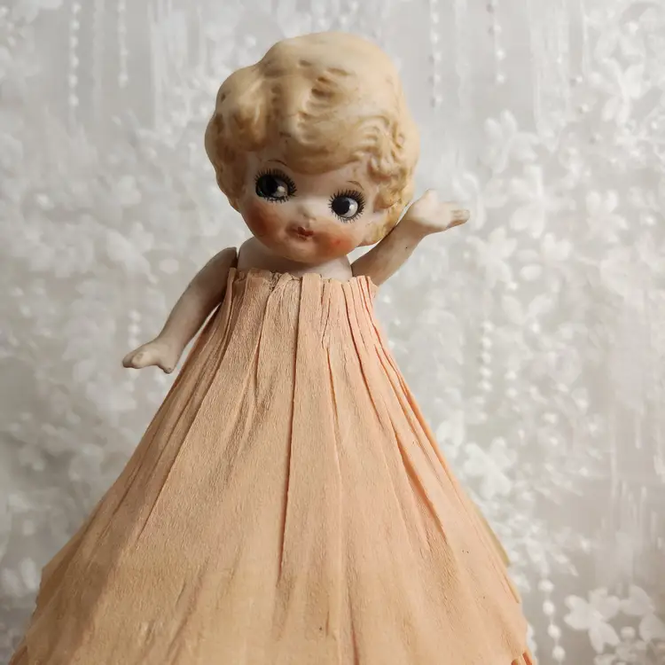 Bisque Doll with long Crepe Dress in Pink