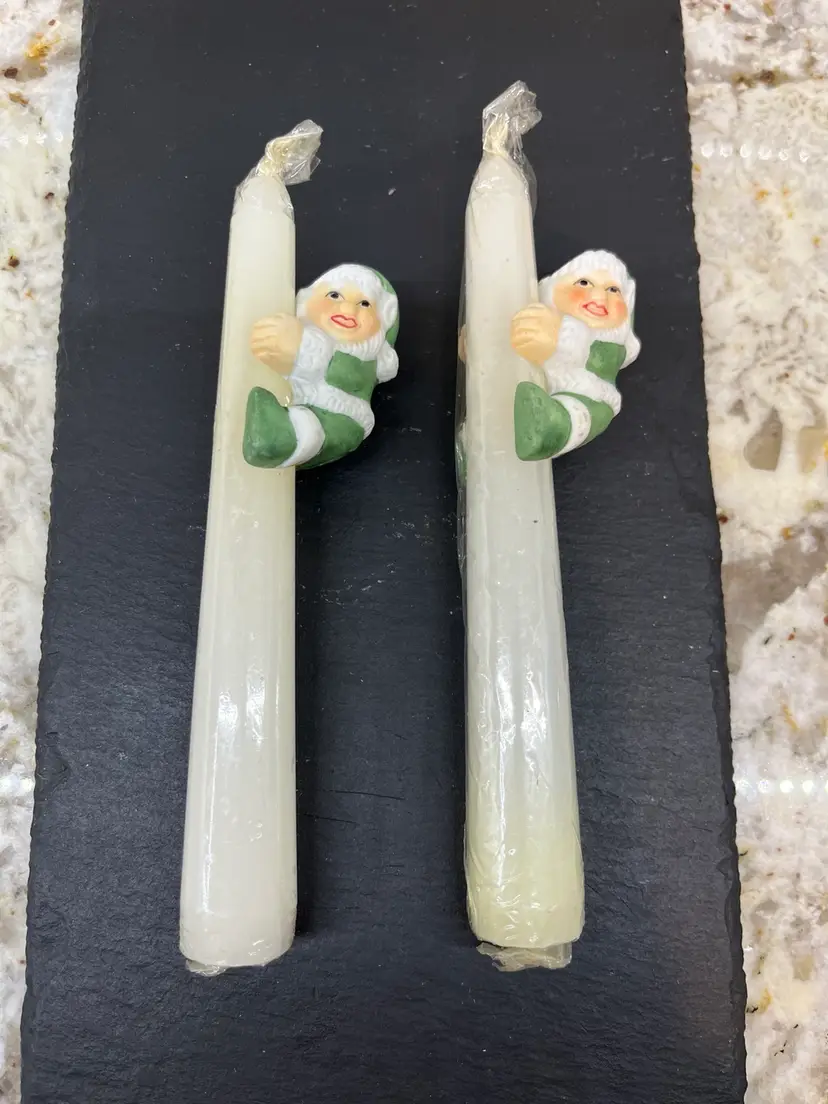 Two Vintage Ceramic Lady Elf Christmas Candles & Huggers