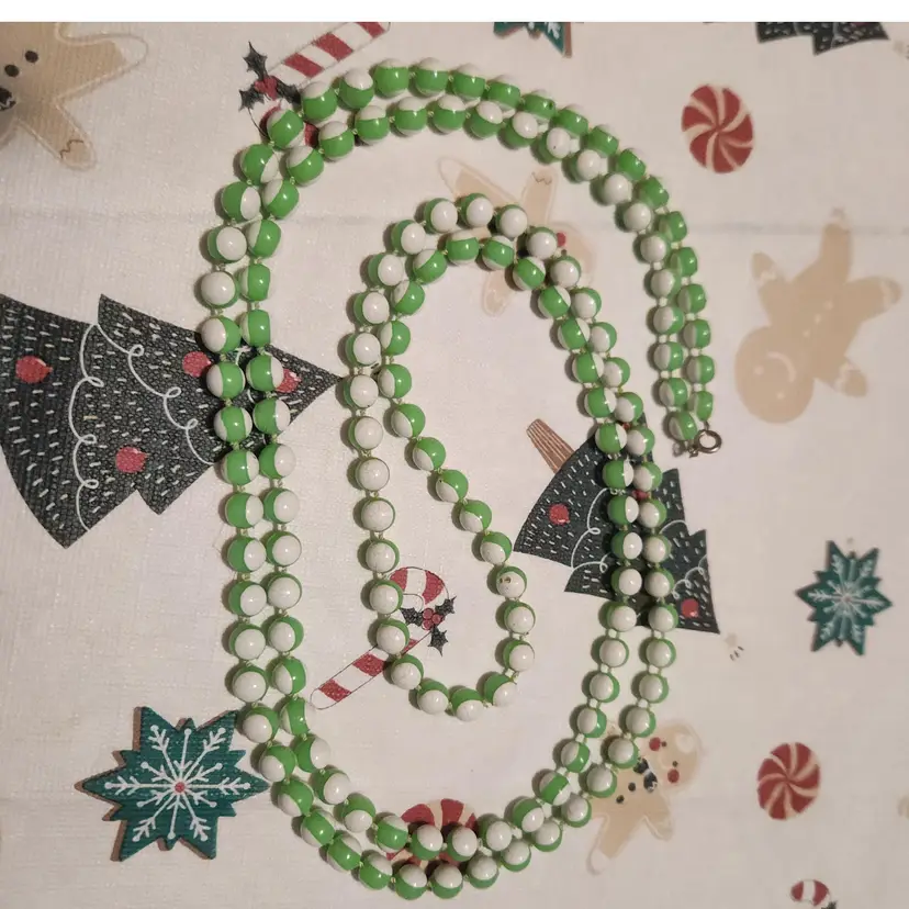 Vintage 27 Inch Long Plastic Mint Lime Green & White Striped Beads Beaded Necklace Retro Mod