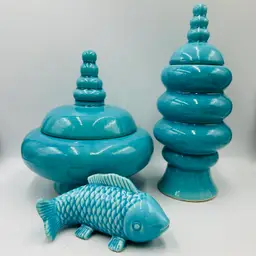 3 Piece Lot Turquoise Crackle Glazed Pottery Apothecary Jar And Fish