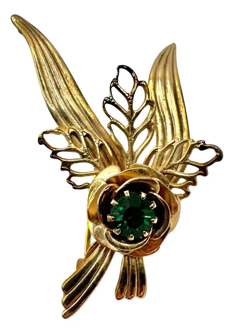 Vintage Brooch Pin Floral Bouquet Gold Tone Emerald Green Rhinestone Leaf Flower