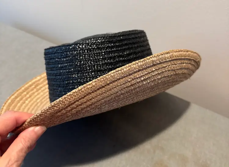 Vintage women’s straw tan & black cowboy hat from Bloomingdale’s