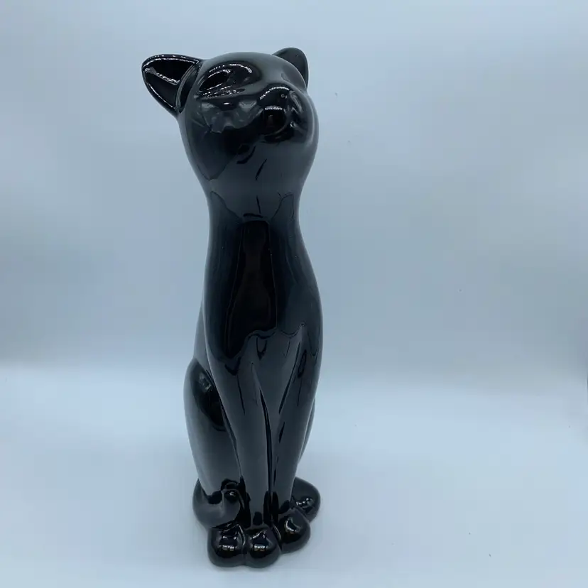 #1407 MCM glossy black ceramic stylized cat figurine 12” Tall
