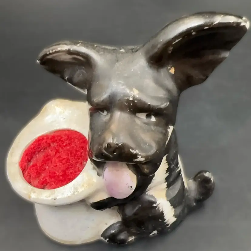 Vintage Japan, Porcelain Dog Scotty/Schnauzer, Pincushion Dog Holding Top Hat