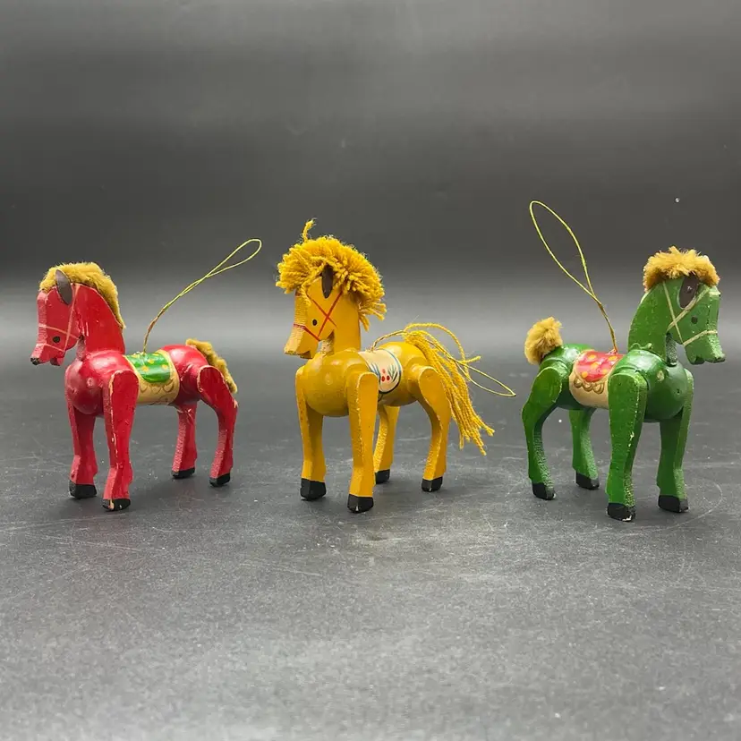Russ Wooden Horse Christmas Ornaments Vintage Set of 3 Red Green Yellow