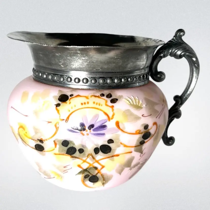 Antique 1800s Mount Washington Pink Satin Glass Creamer. Handpainted floral designs. Glows light orange 🧡 under UV. 5” x 5” x 4”.