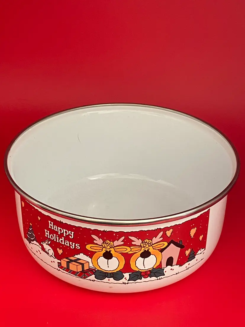 Enamel Coated Metal Holiday Bowl, 6.75" Diameter, 3" Tall
