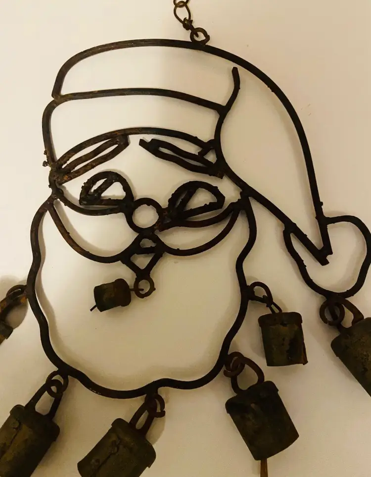 Vintage Metal Rusty Weathered Santa Bell Wind Chimes Primitive Farmhouse Cottage Garden Accents