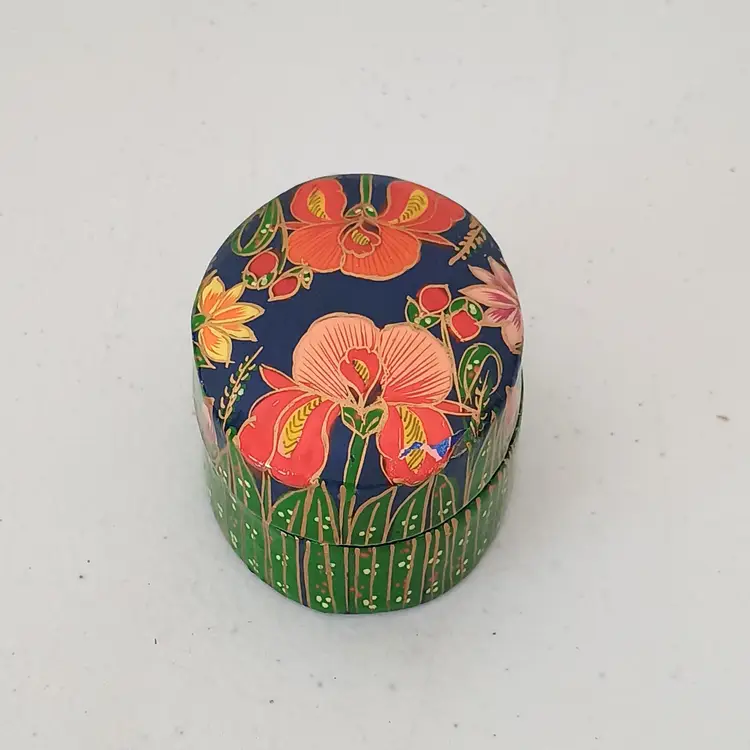 Vintage Brightly Colored Iris Flower Floral Paper Mache Trinket Box Oval 2.5"
